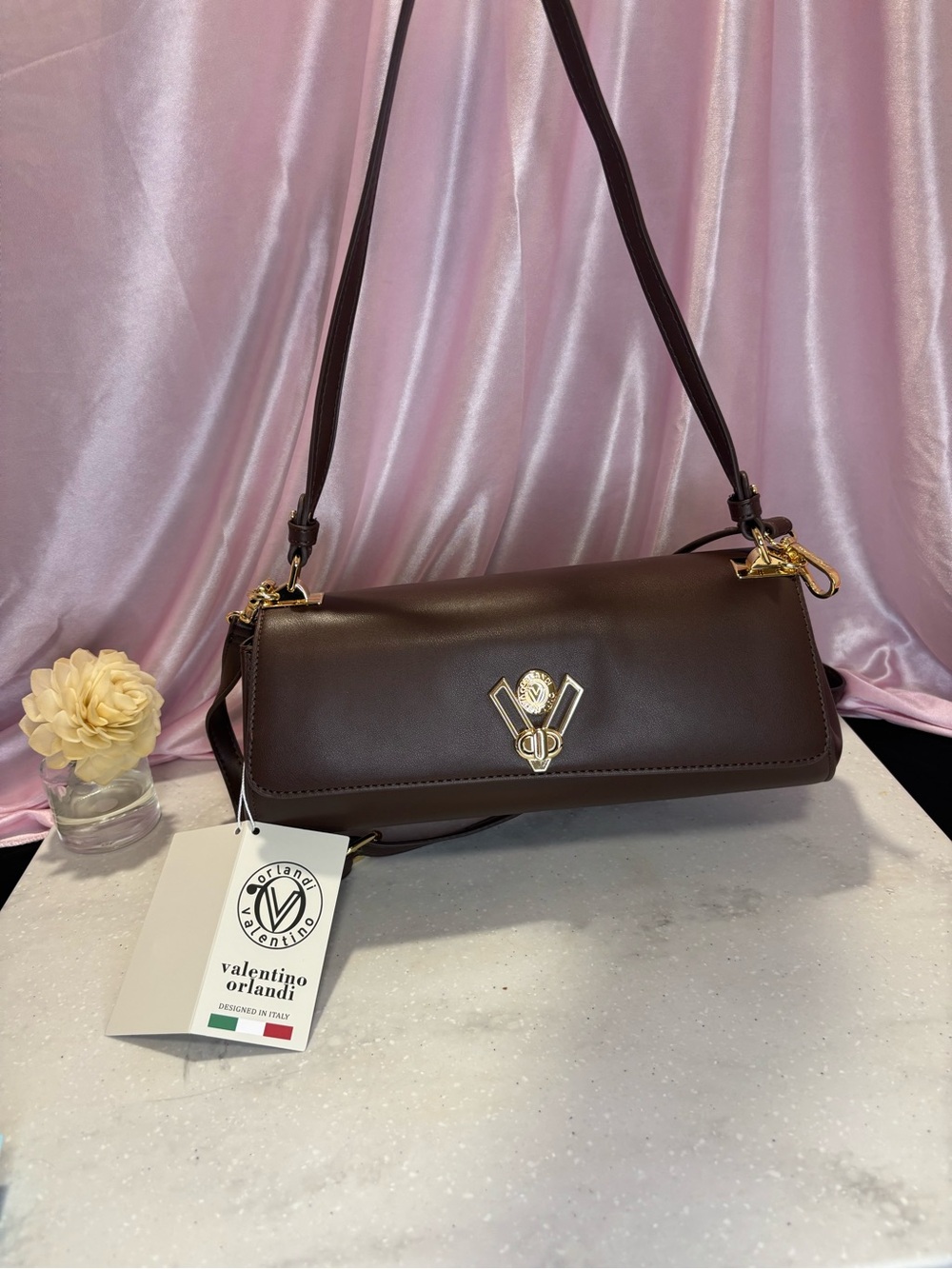 Valentino Orlandi Chocolate Brown Leather Barrel Bag with Gold Hardware